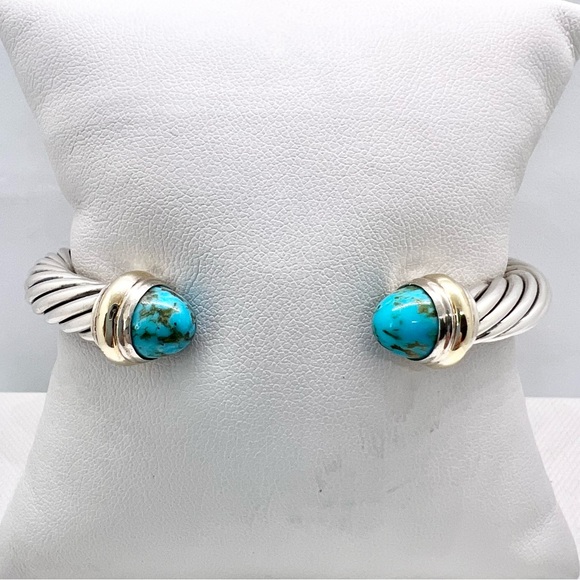 David Yurman Sterling Silver & 14K Gold Turquoise Cable Bracelet - Picture 5 of 14